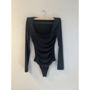 Abercrombie & Fitch Bodysuit Square Neck Long Sleeve Soft Matte Black Women's XS
